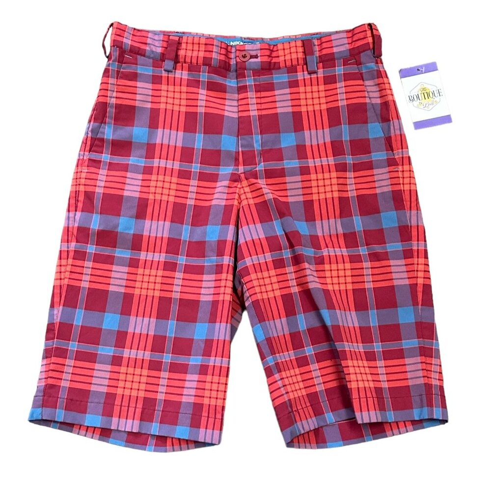 Nike Golf Shorts Men 28 Red Blue Plaid Chino Tour Performance Stretch 11" Inseam